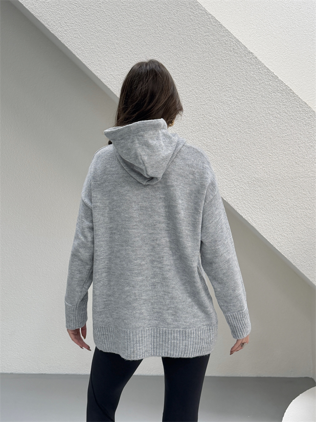 Kapüşonlu Butter Triko Kazak - Gri