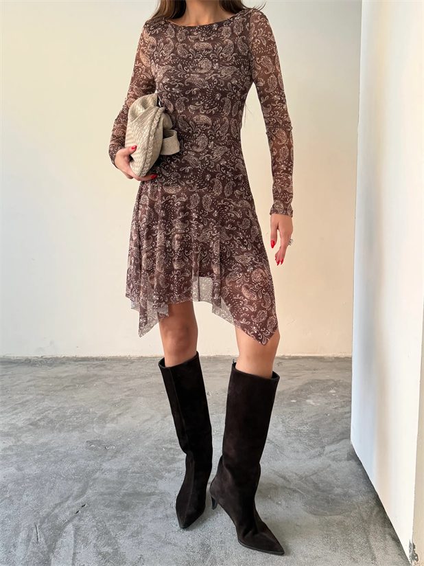 Kayık Yaka Etnik Desenli Elbise - Kahve