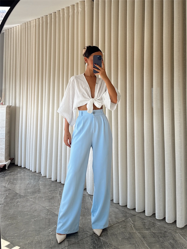 Bel Lastik Palazzo Pantolon - Bebe Mavi