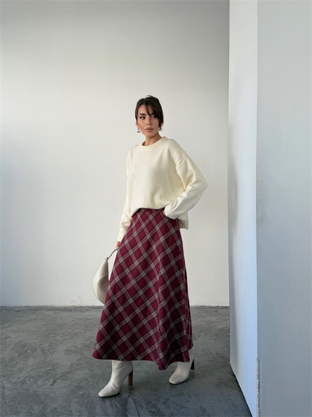 Kloş Ekoseli Etek - Bordo