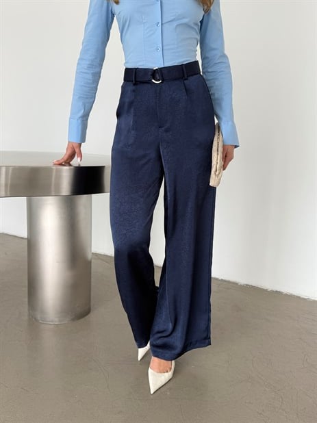 Kemerli Saten Pantolon - Lacivert