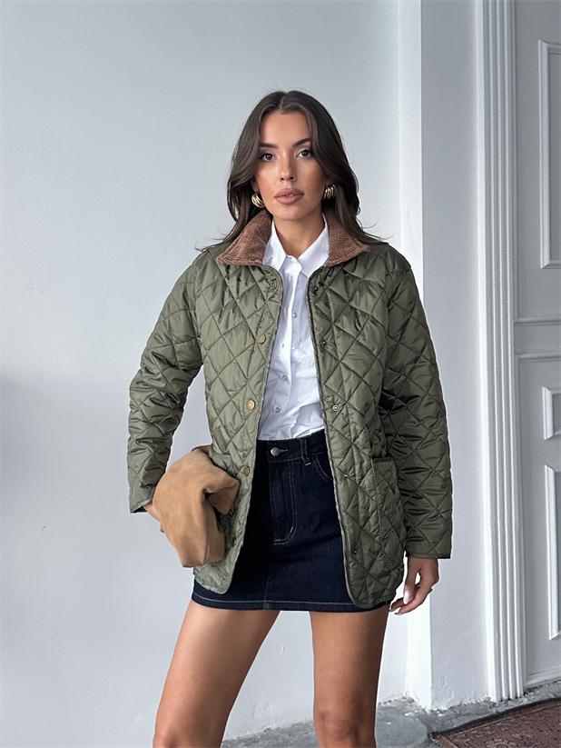 Yakası Kadife Kapitone Mont - Haki