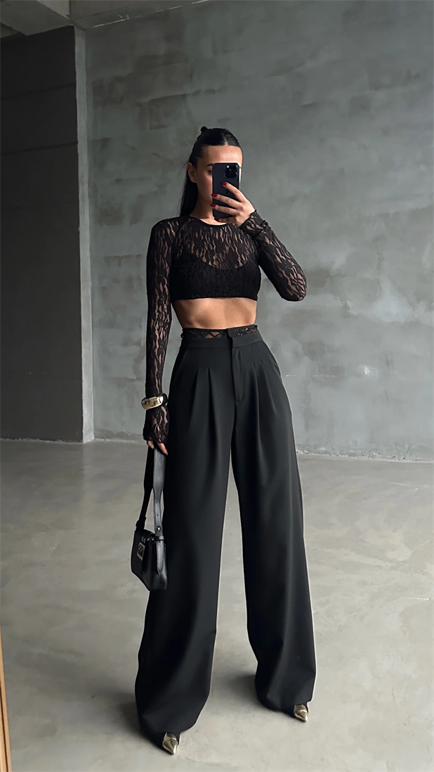 Kemeri Dantel Detaylı Palazzo Pantolon  - Siyah