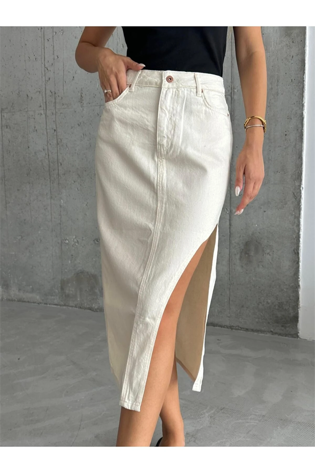 Asimetrik Kesim Trend Kot Etek Bej - Bej