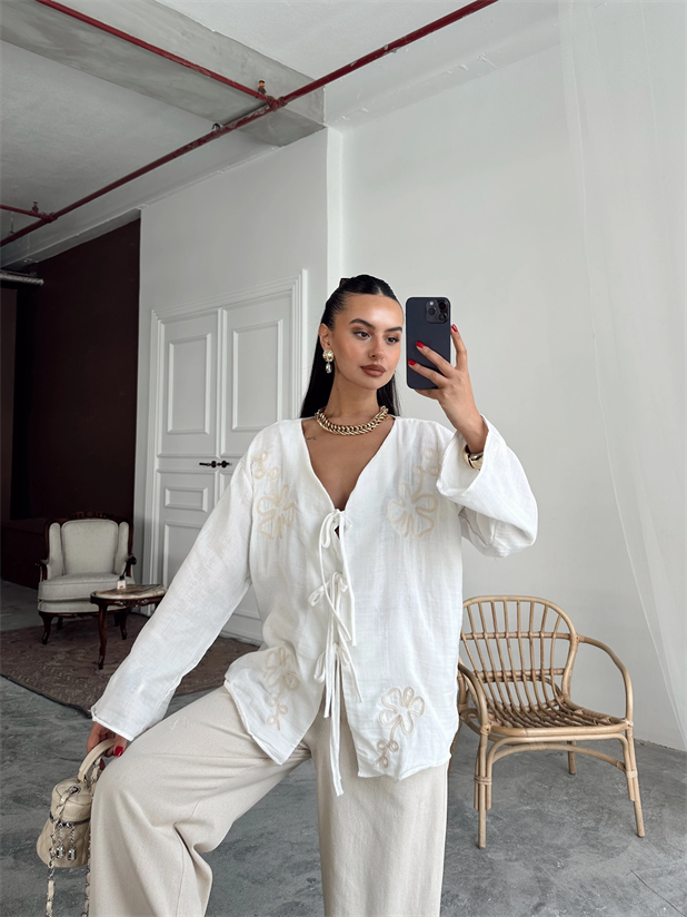 Nakışlı Kimono Takım  - Ekru