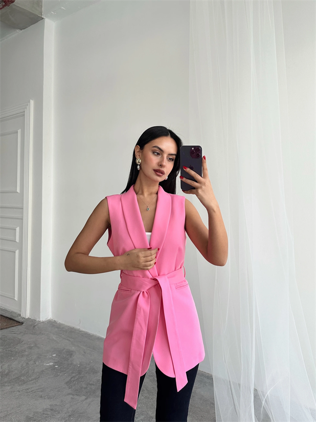 Bağlamalı Blazer Yelek  - Pembe