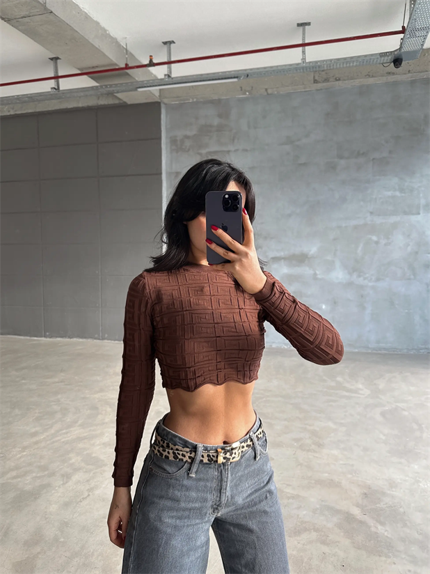 Labirent Desen Crop Triko Kazak Kahverengi - Kahverengi