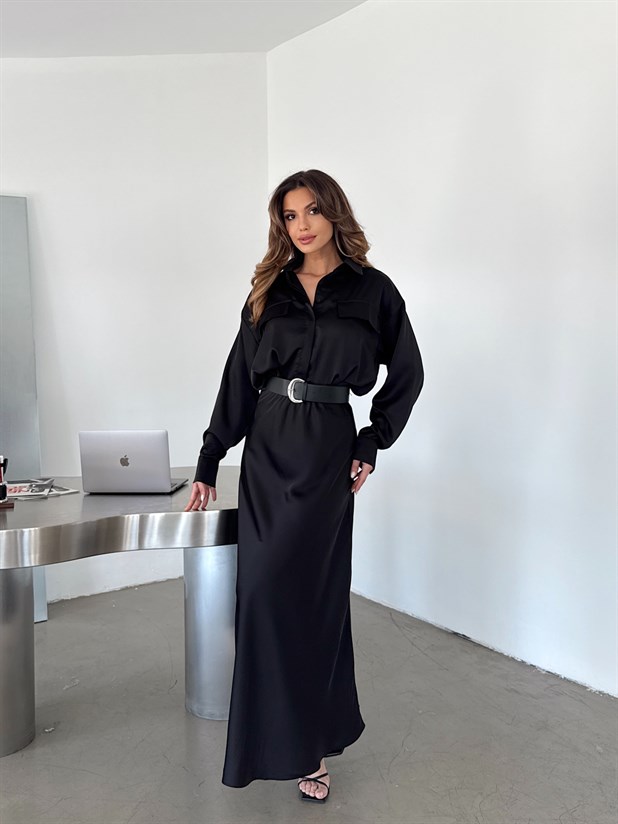 Uzun Krep Saten Etek - Siyah