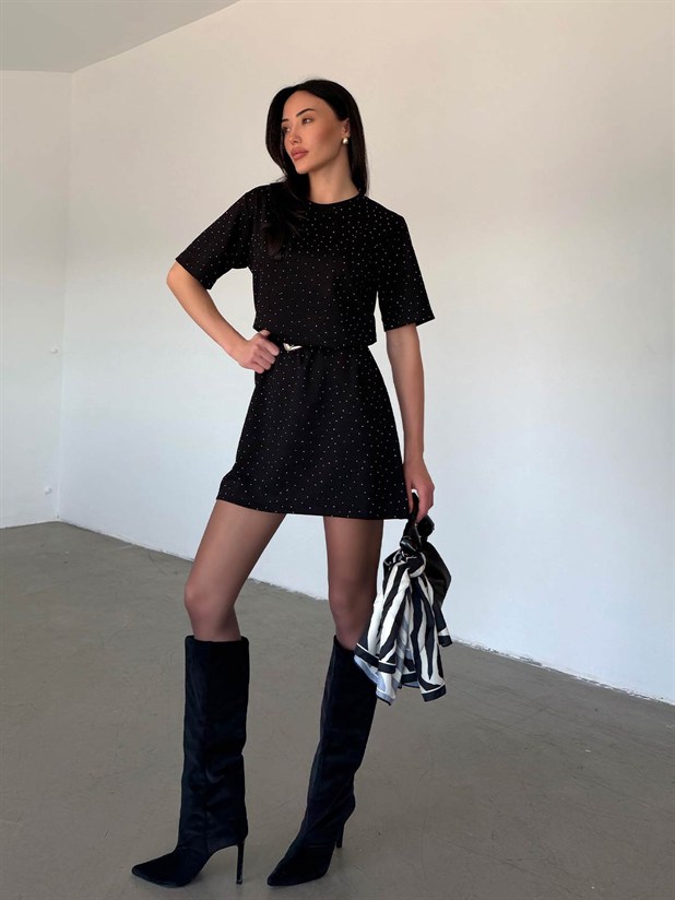 Taş Detaylı Modal Elbise - Siyah