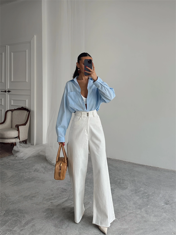 Geniş Kemerli Baggy Jean  - Beyaz