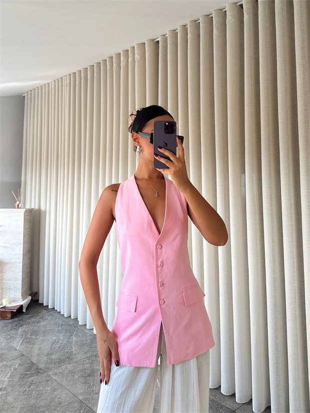 Sırt Dekolte Keten Yelek - Pembe