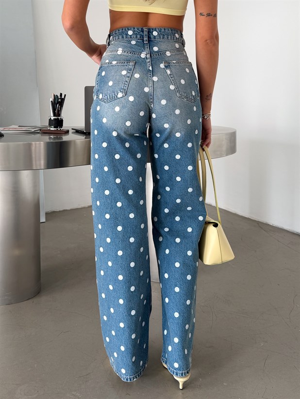 Puantiye Desenli Jean Palazzo - Mavi