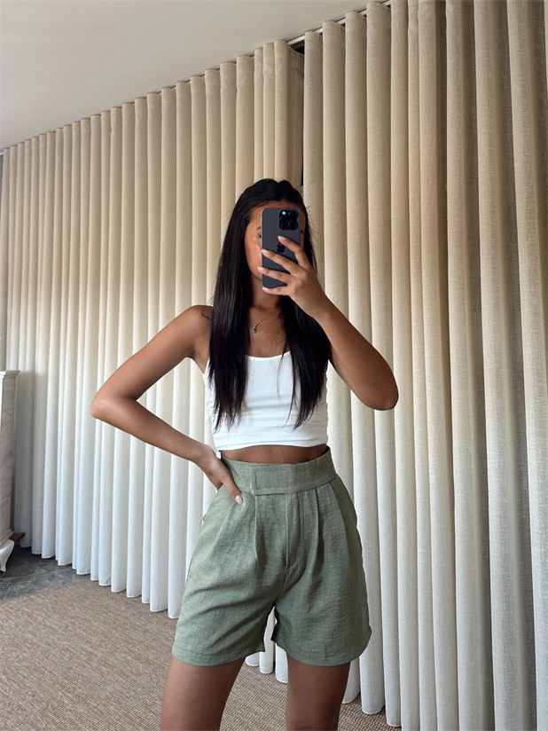 Cırtlı Keten Şort - Haki