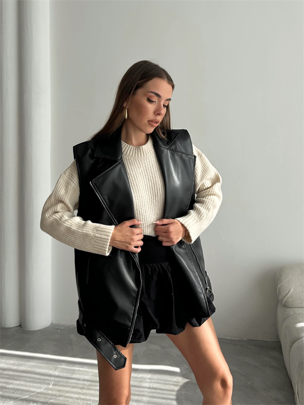 Kruvaze Yaka Uzun Deri Yelek Siyah - Siyah