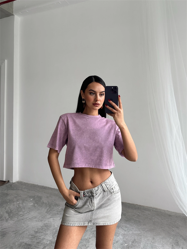 Yıkamalı Vatkalı Crop Basic - Lila