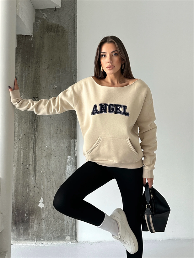 Angel Nakışlı Kayık Yaka Sweat - Vizon