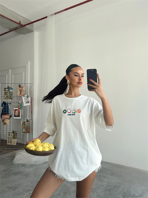 Fruit Nakış Basic T-shirt Beyaz - Beyaz
