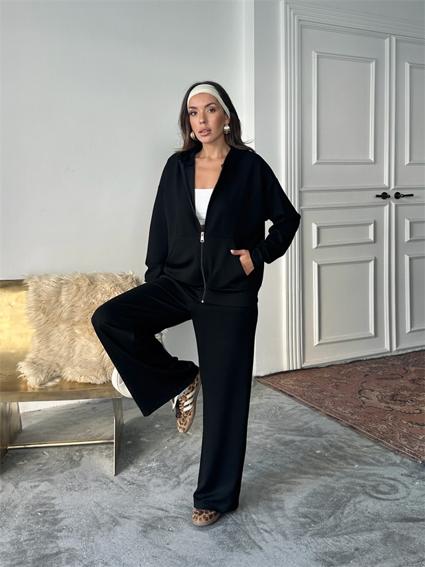 Modal Fermuarlı Sweat-Palazzo Takım - Siyah