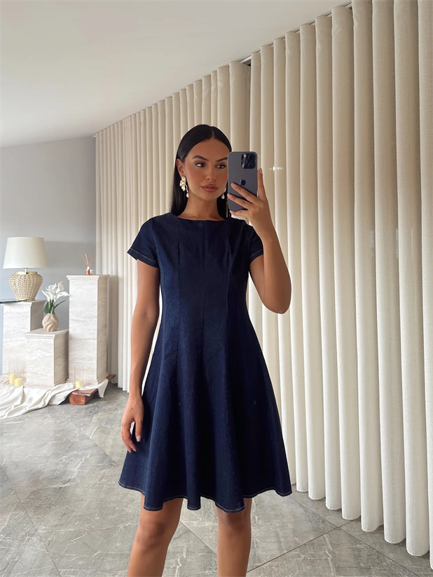 Kloş Likralı Denim Elbise  - Lacivert