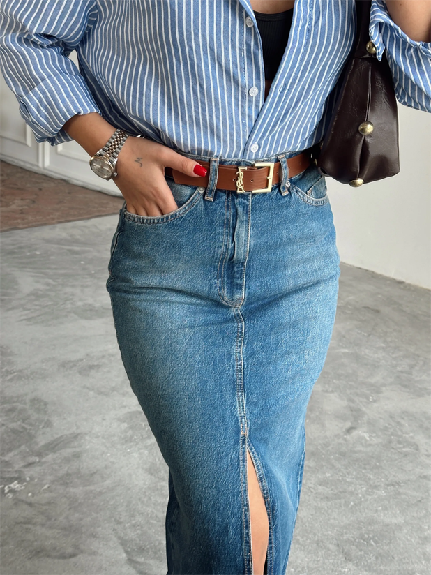 Uzun Ön Yırtmaç Denim Etek - Mavi