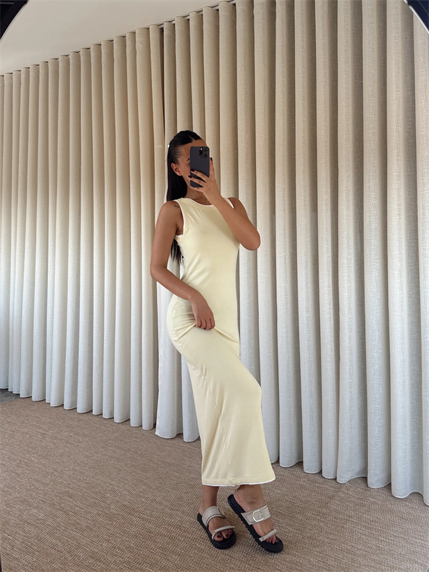 Sıfır Kol Şerit Detay Elbise  - Sarı