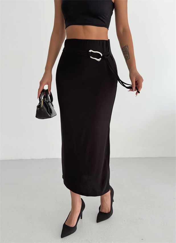 Tokalı Midi Etek  - Siyah