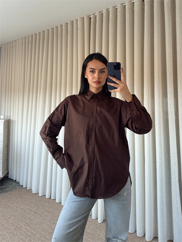 Düz Oversize Gömlek - Kahve