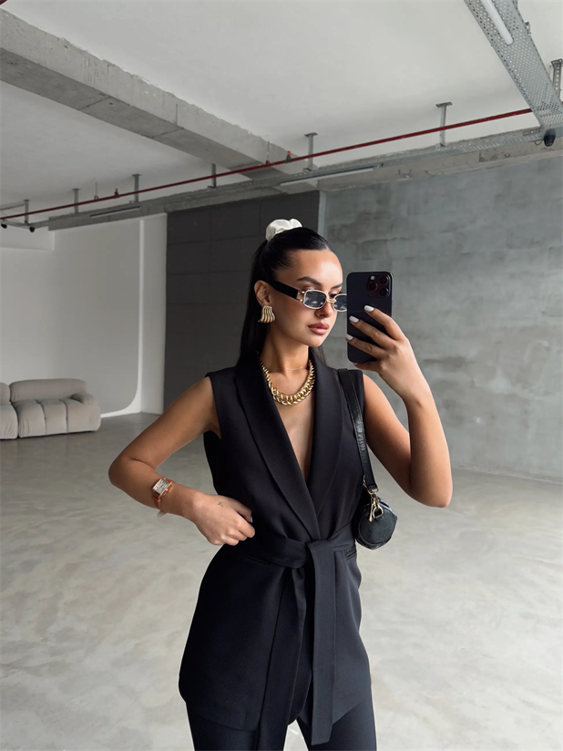 Bağlamalı Blazer Yelek  - Siyah