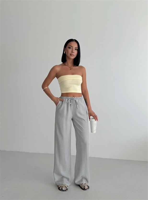 Beli İnce Lastikli Keten Palazzo - Gri
