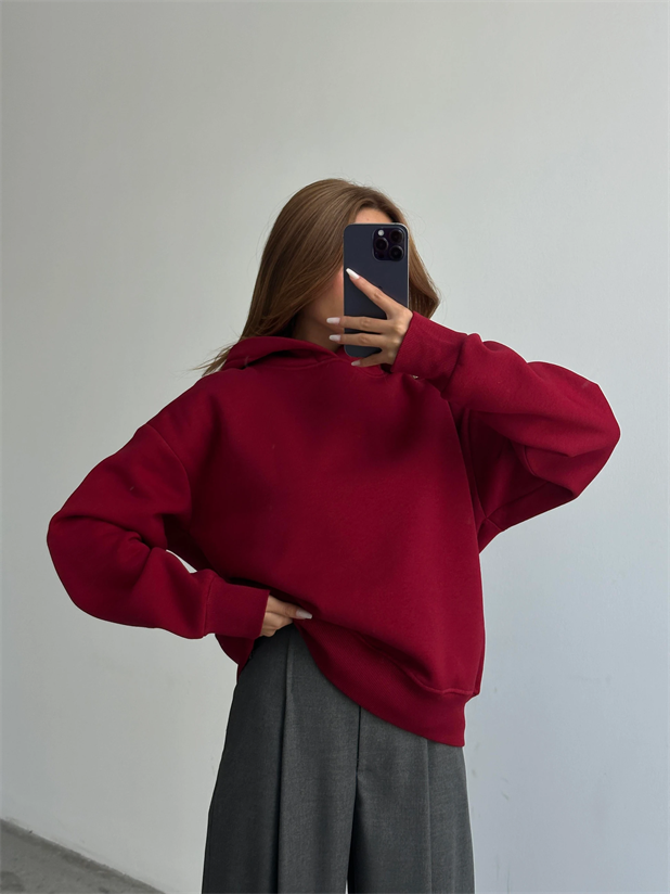 Kapüşonlu Sweatshırt Bordo - Bordo