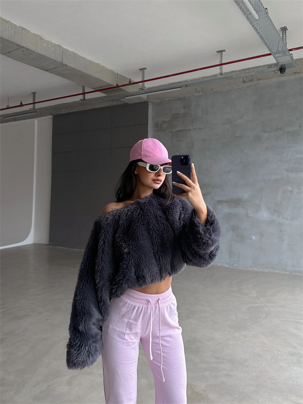 Peluş Crop Kazak Füme - Füme