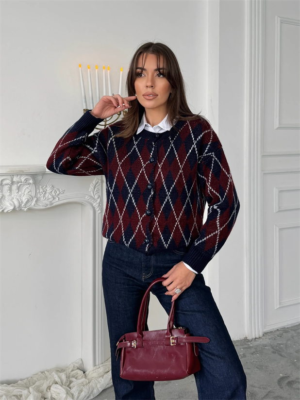 Bisiklet Yaka Baklava Desenli Hırka - Lacivert