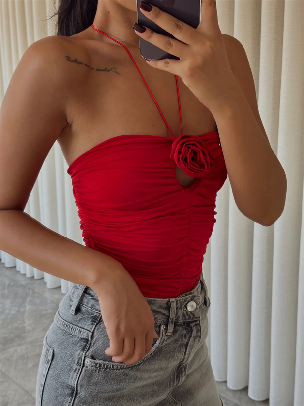 Milla Gül Detay Boyundan Bağlamalı Bodysuit Kırmızı - Kırmızı