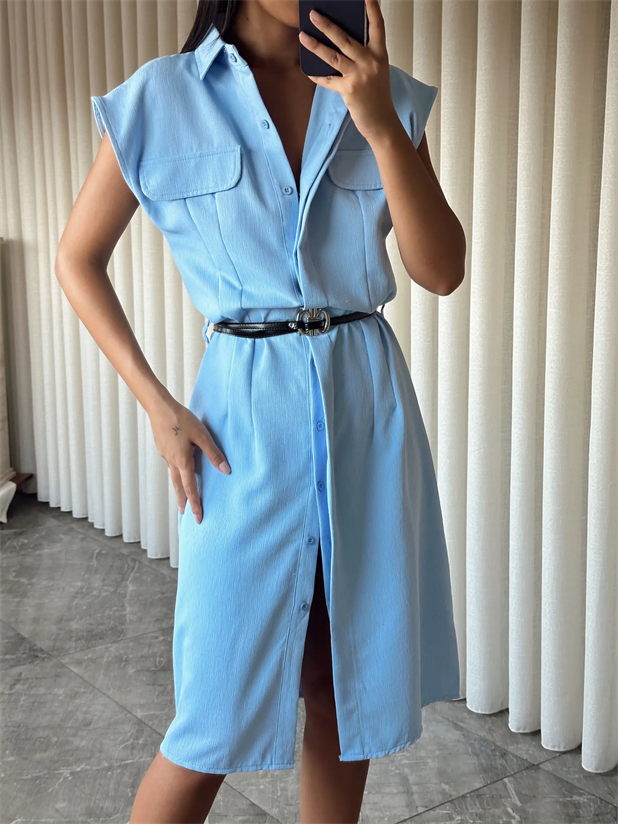 Kemerli Polo Yaka Elbise  - Bebe Mavi