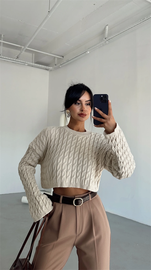 Saç Örgü Triko Crop Kazak Krem - Krem