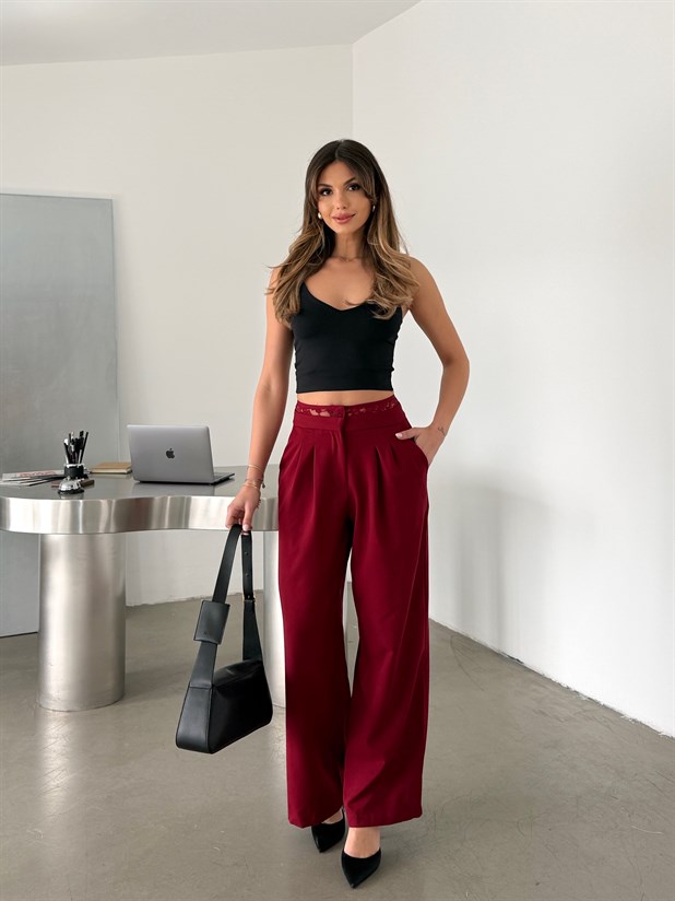 Kemeri Dantel Detaylı Palazzo Pantolon  - Bordo