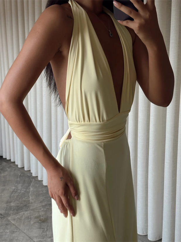 Bel Ve Boyun Bağlamalı Elbise - Sarı