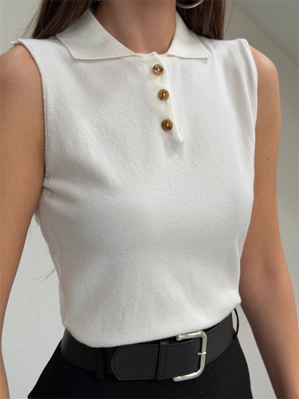 Sıfır Kol Yarım Düğme Triko Bluz - Beyaz