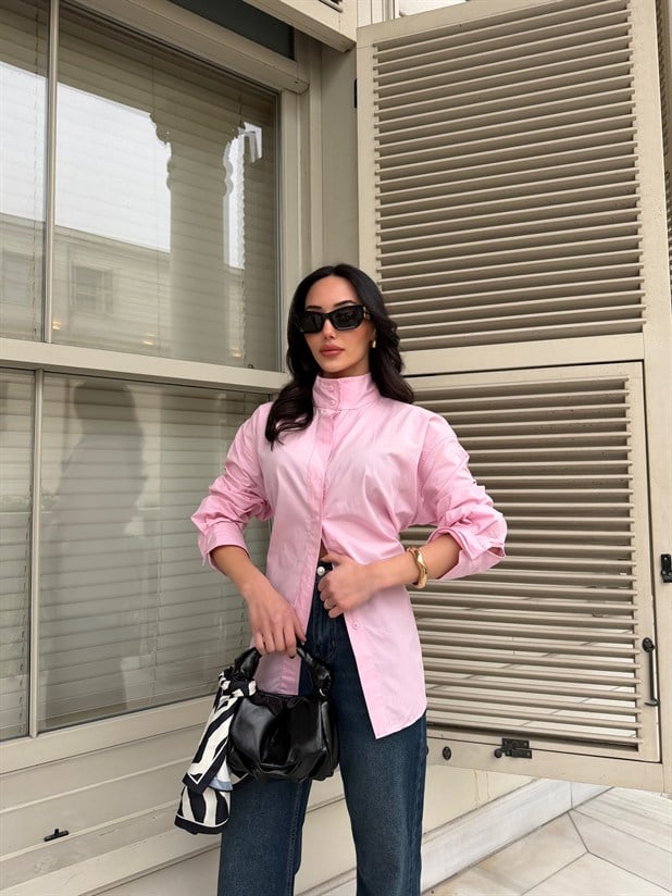 Hakim Yaka Bağlamalı Gömlek - Pembe