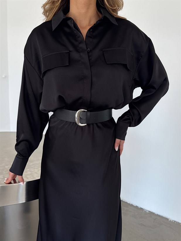 Kapak Cepli Krep Saten Gömlek - Siyah