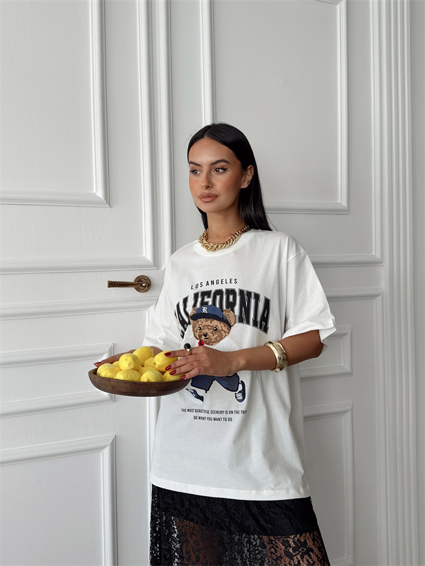 Oversize Bear Nakışlı T-shirt - Ekru
