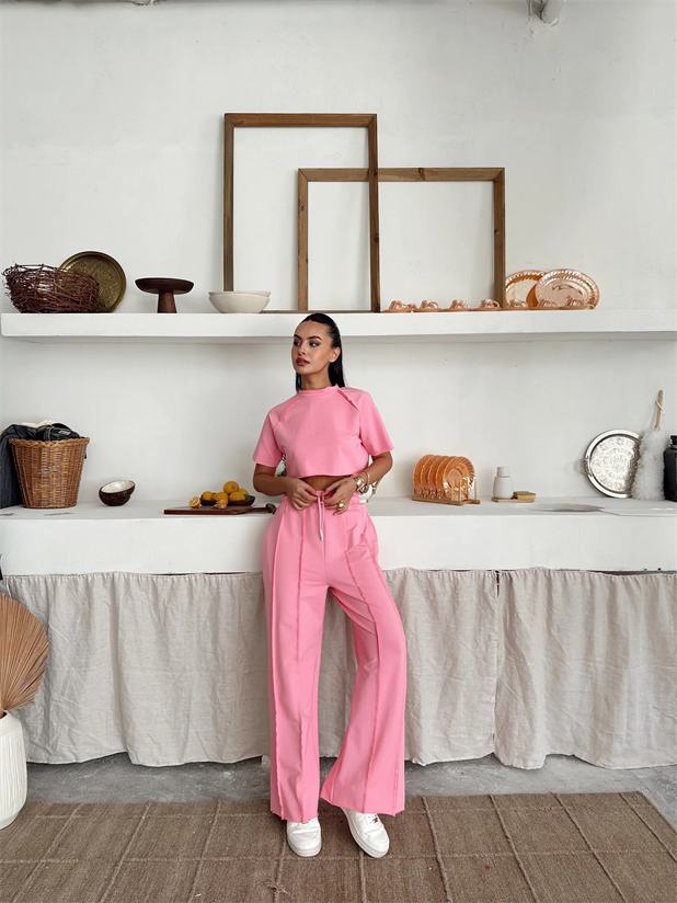 Ters Dikiş Detay Crop Takım - Pembe
