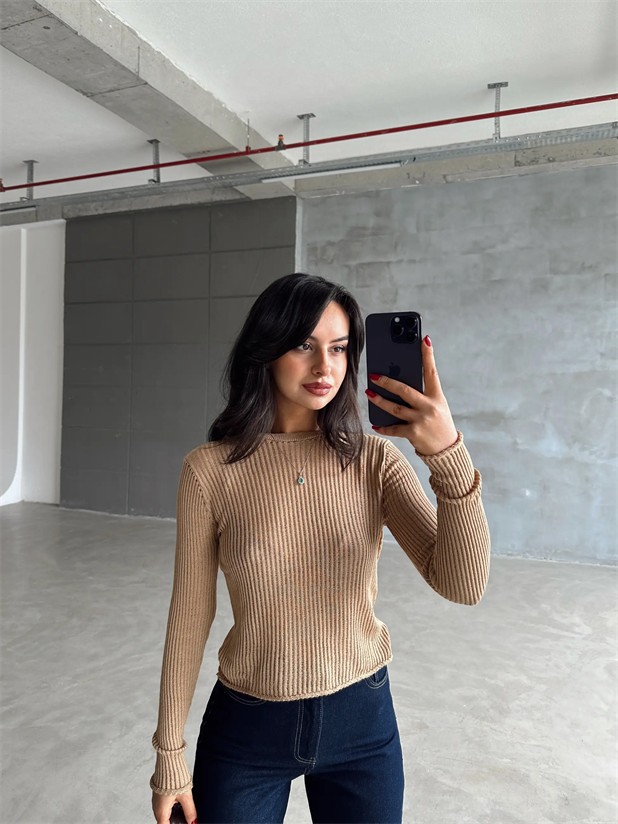 Arya Bisiklet Yaka Basic Triko Vizon - Vizon