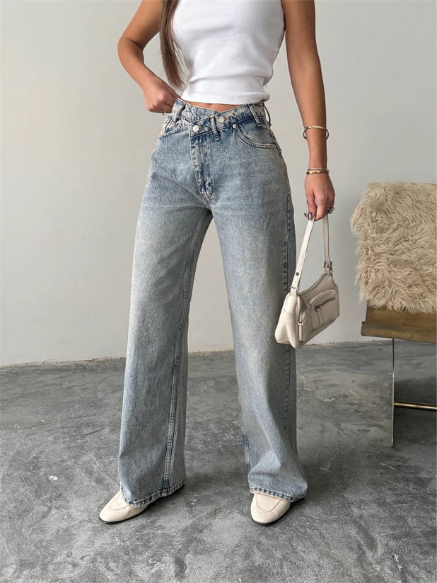 Çift Düğmeli Eskitme Palazzo Jean - Mavi Yıkama