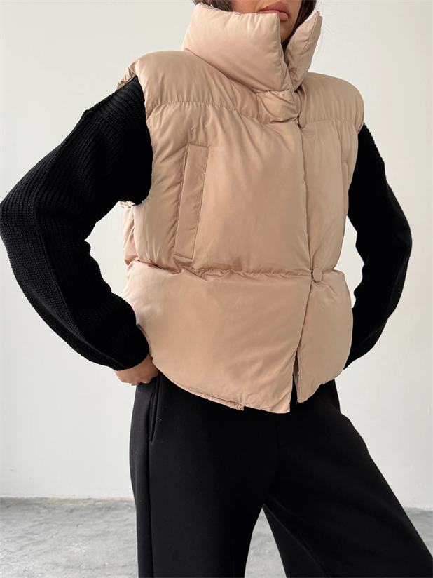 Düğmeli Yan Cep Detay Şişme Yelek - Taş