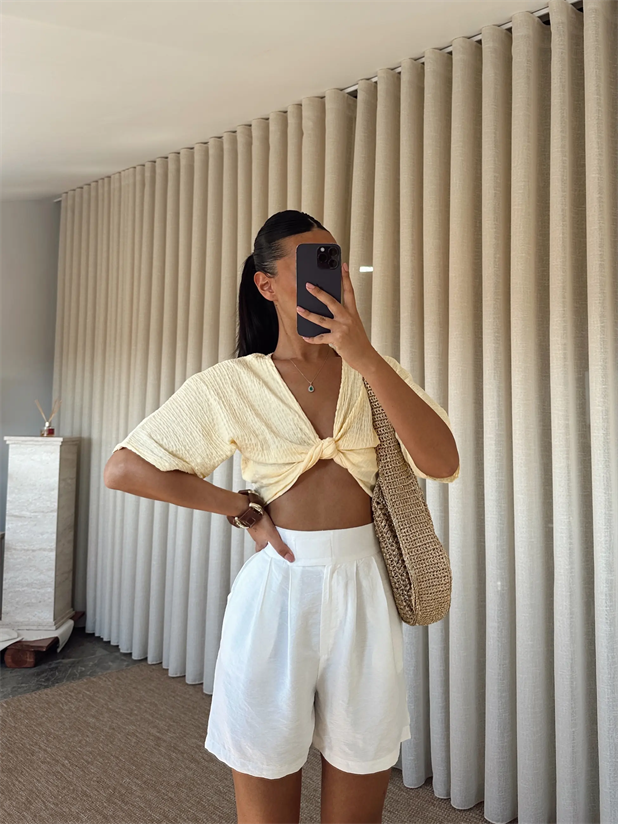 Cırtlı Keten Şort - Beyaz