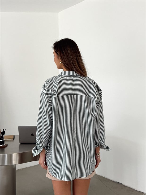 Bear Nakışlı Çizgili Gömlek - Haki Yeşil