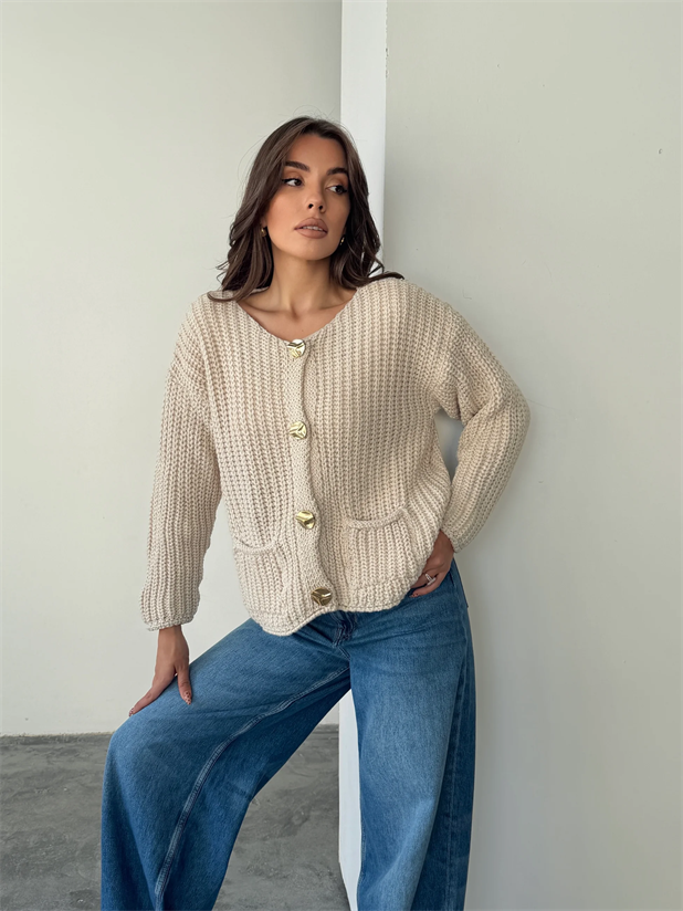 Gold Düğmeli Örme Hırka - Taş