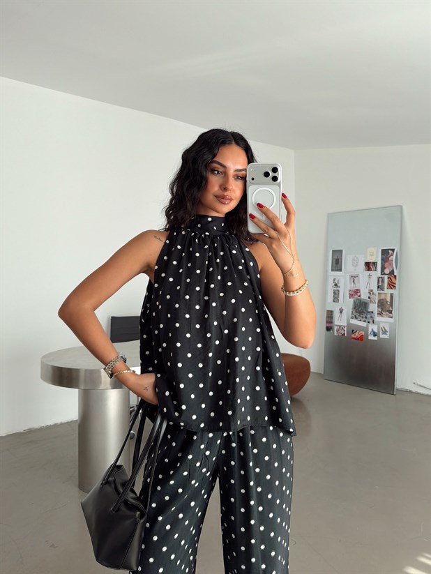 Puantiyeli Halter Yaka Takım - Siyah