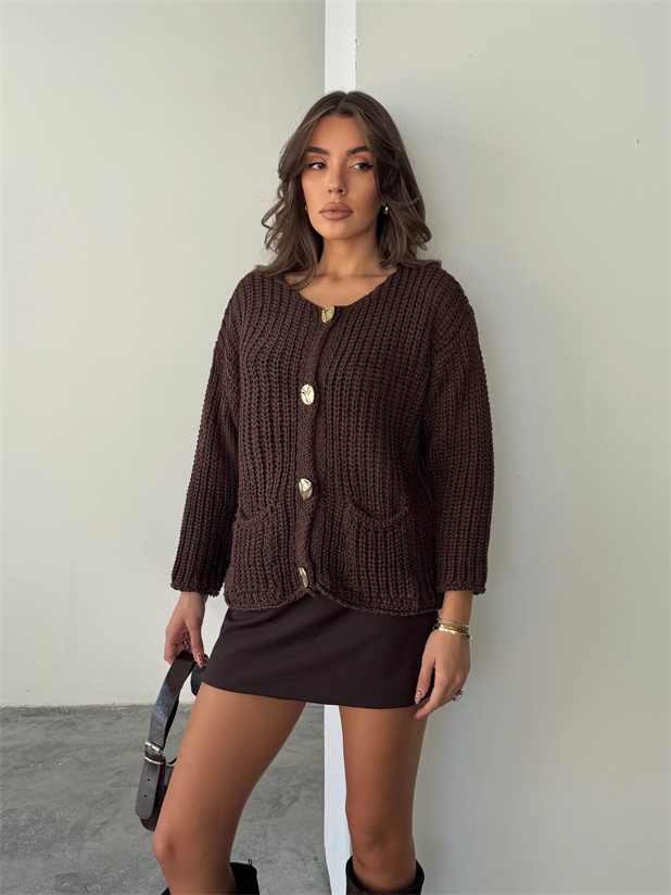 Gold Düğmeli Örme Hırka - Kahve